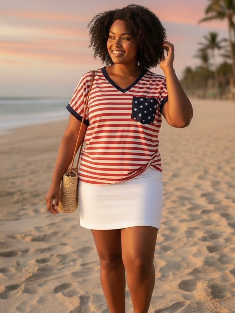 Striped V-Neck Tee with Star Pocket - Red, White & Blue